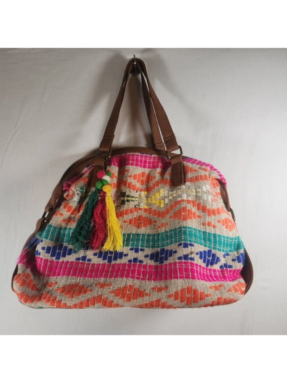 Aldo Woven Geometric Satchel Bag Multi Color Boho Tassel Handbag Brown Trim